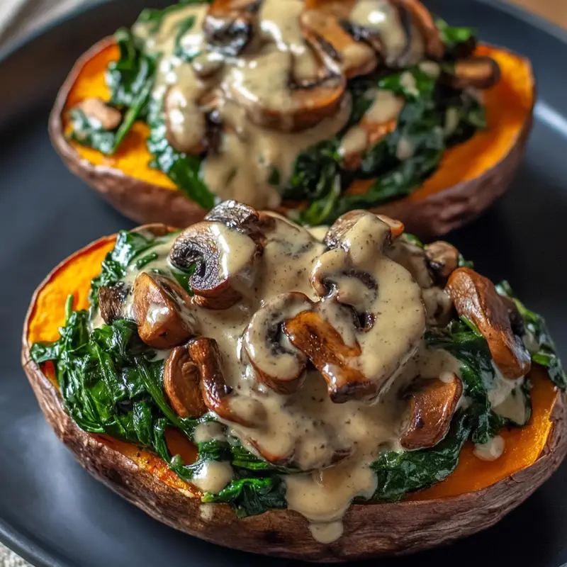 Creamy Mushroom and Spinach Stuffed Sweet Potatoes