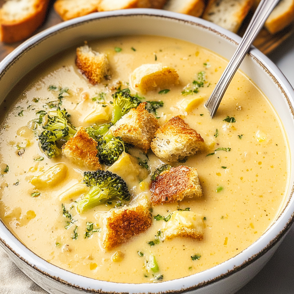 Broccoli Cheddar Soup with Sourdough Croutons