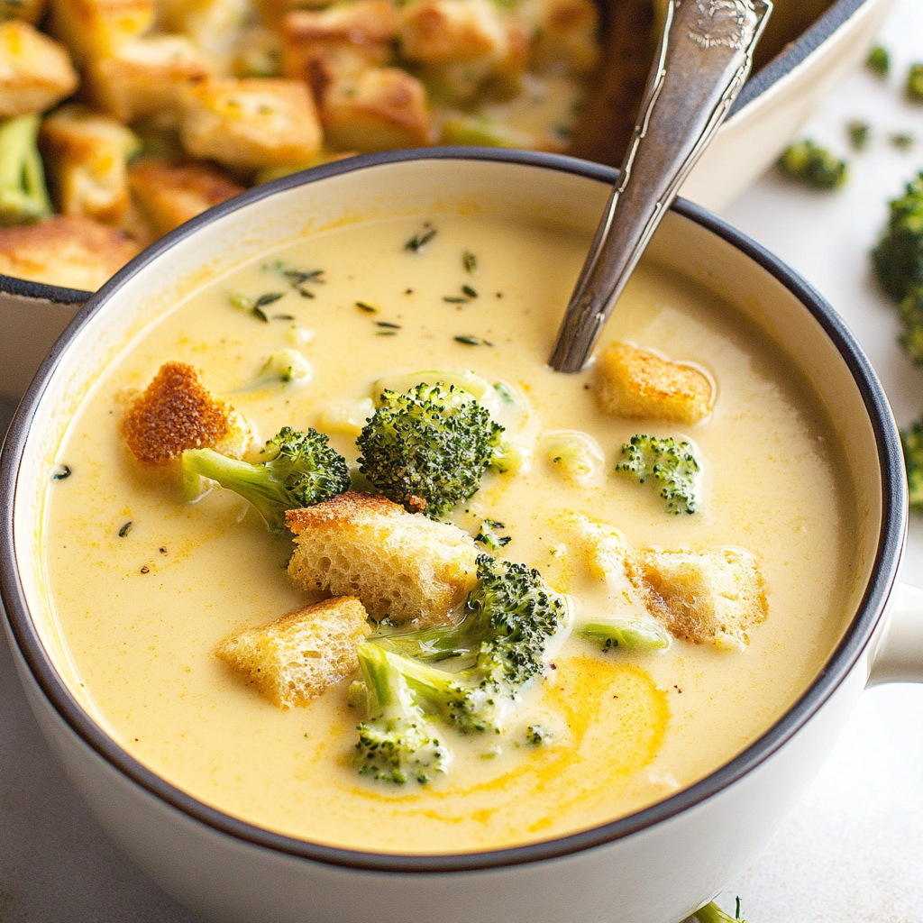 Broccoli Cheddar Soup with Sourdough Croutons
