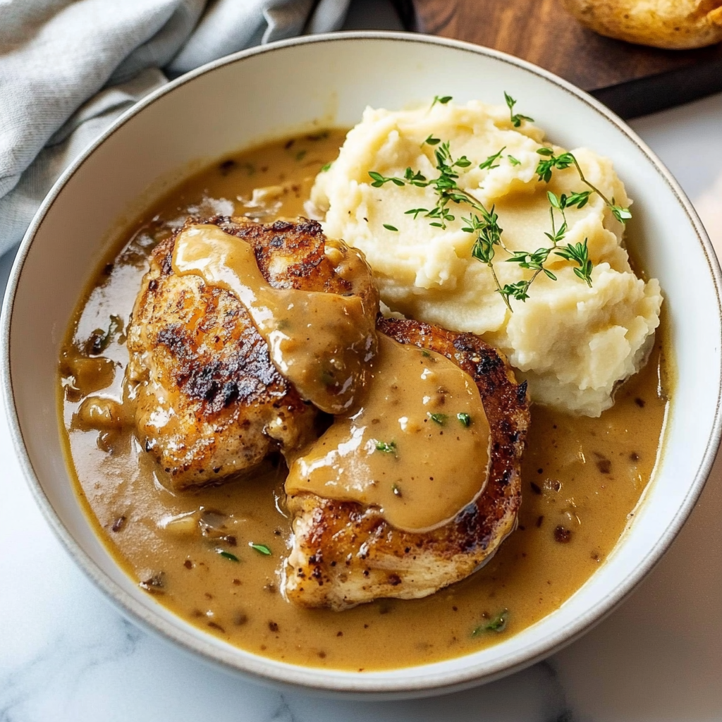 Chicken and Garlic Gravy with Cheesy Mashed Potatoes