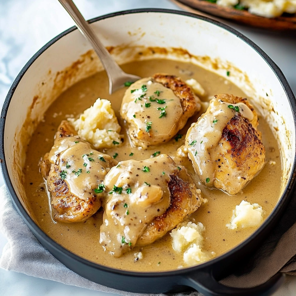 Chicken and Garlic Gravy with Cheesy Mashed Potatoes