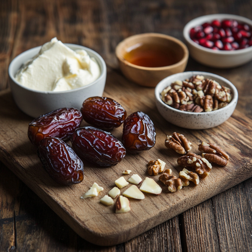 Mascarpone Stuffed Dates with Pomegranate and Honey ingredients