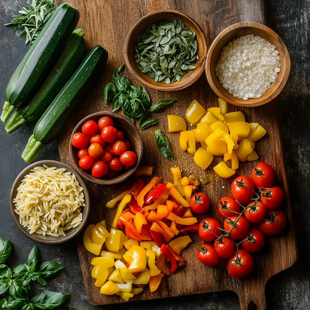 Colorful Orzo Stuffed Zucchini Boats ingredients