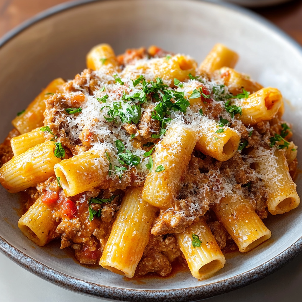 Creamy Beef Sausage Rigatoni