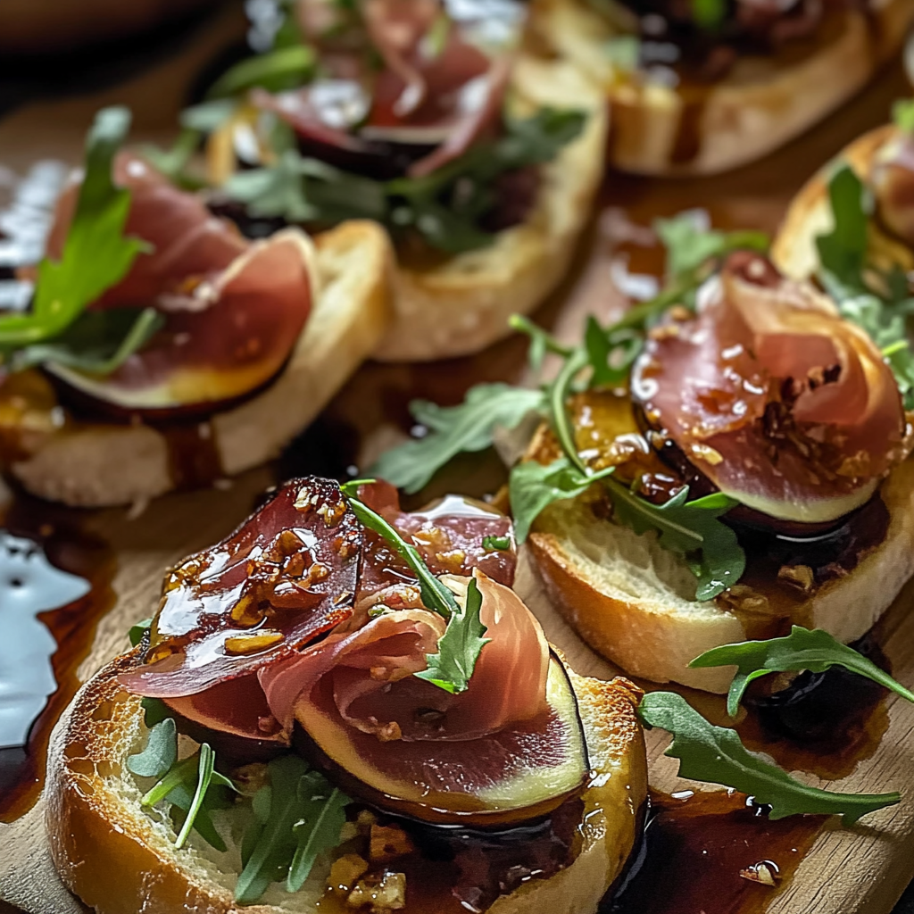 Fig & Prosciutto Crostini with Arugula and Balsamic Glaze