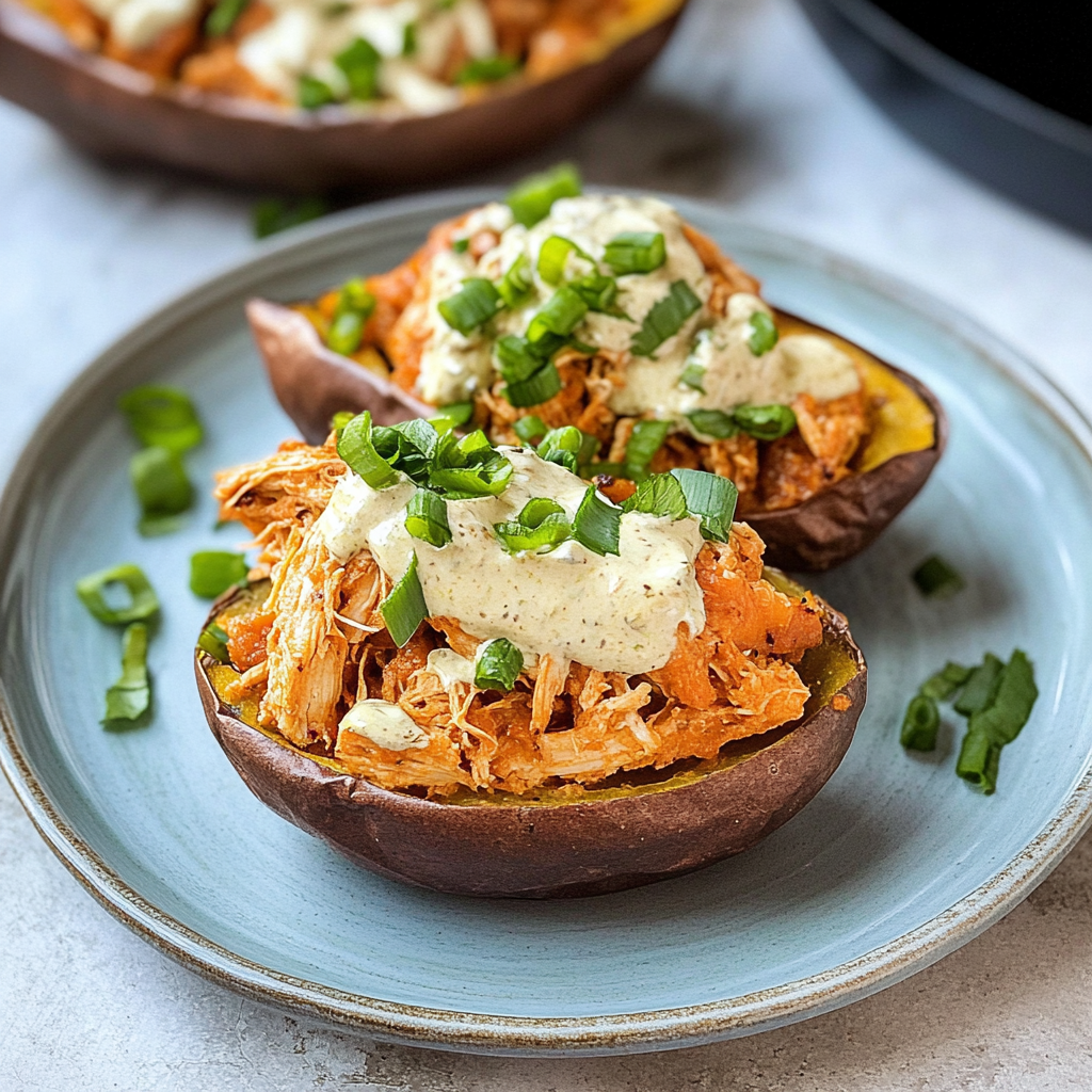 Buffalo Chicken Stuffed Sweet Potatoes