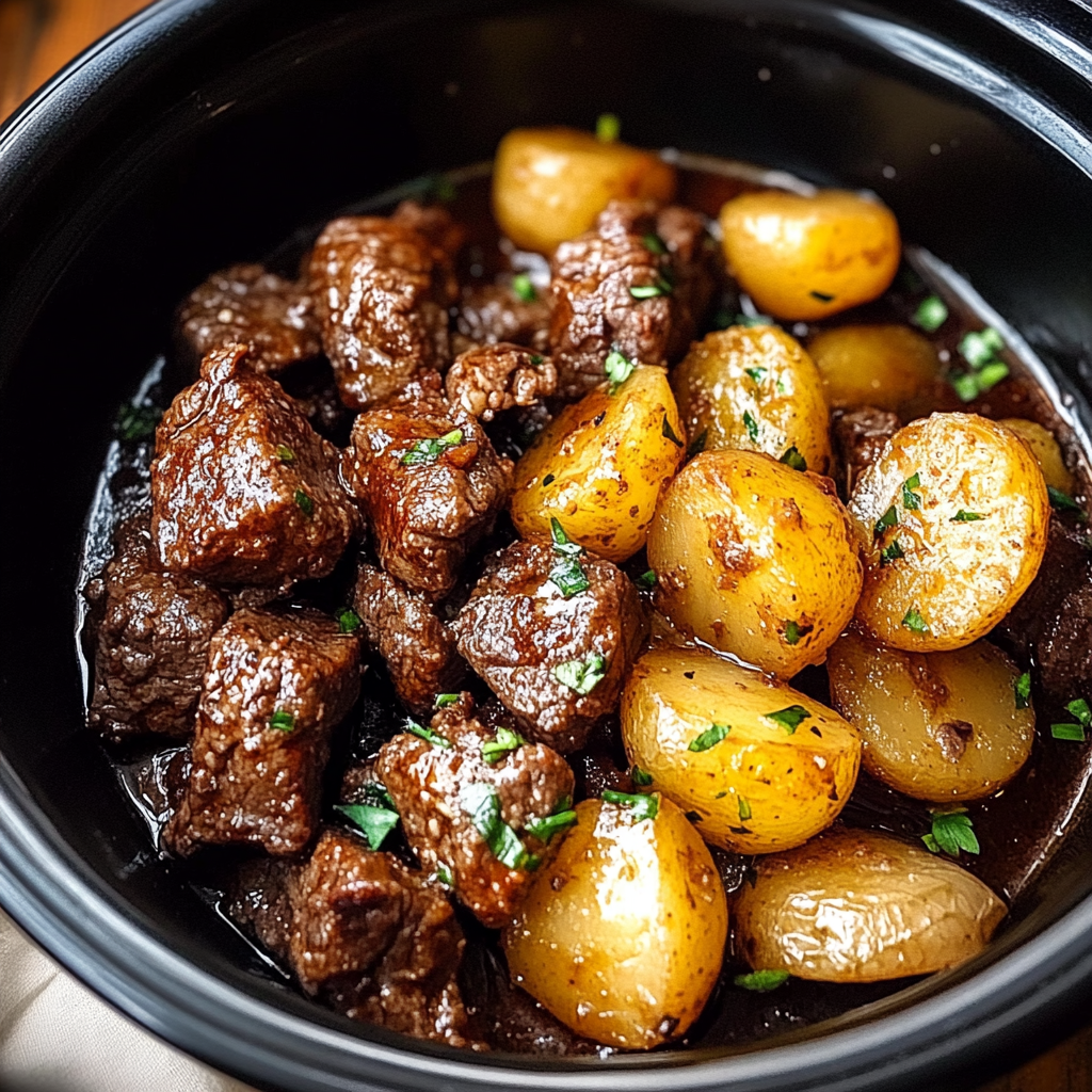 Slow Cooker Garlic Butter Beef Bites with Potatoes