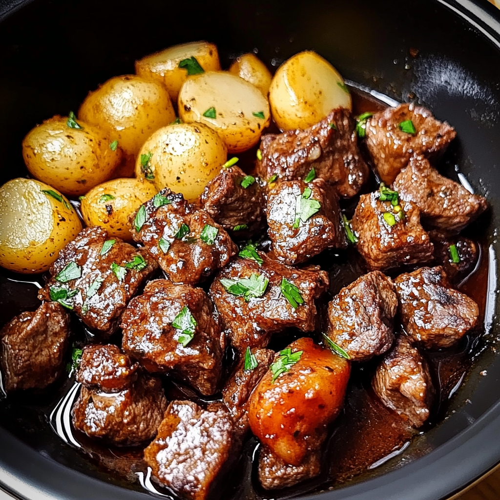 Slow Cooker Garlic Butter Beef Bites with Potatoes