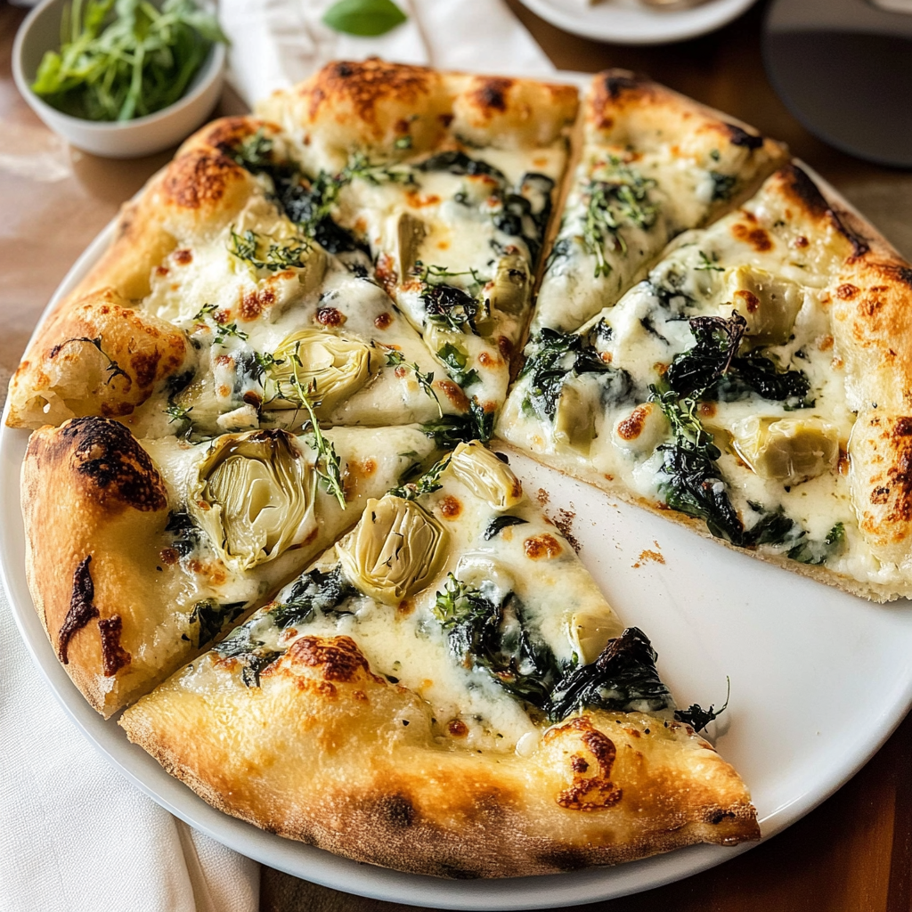 artichoke pizza with spinach parmesan
