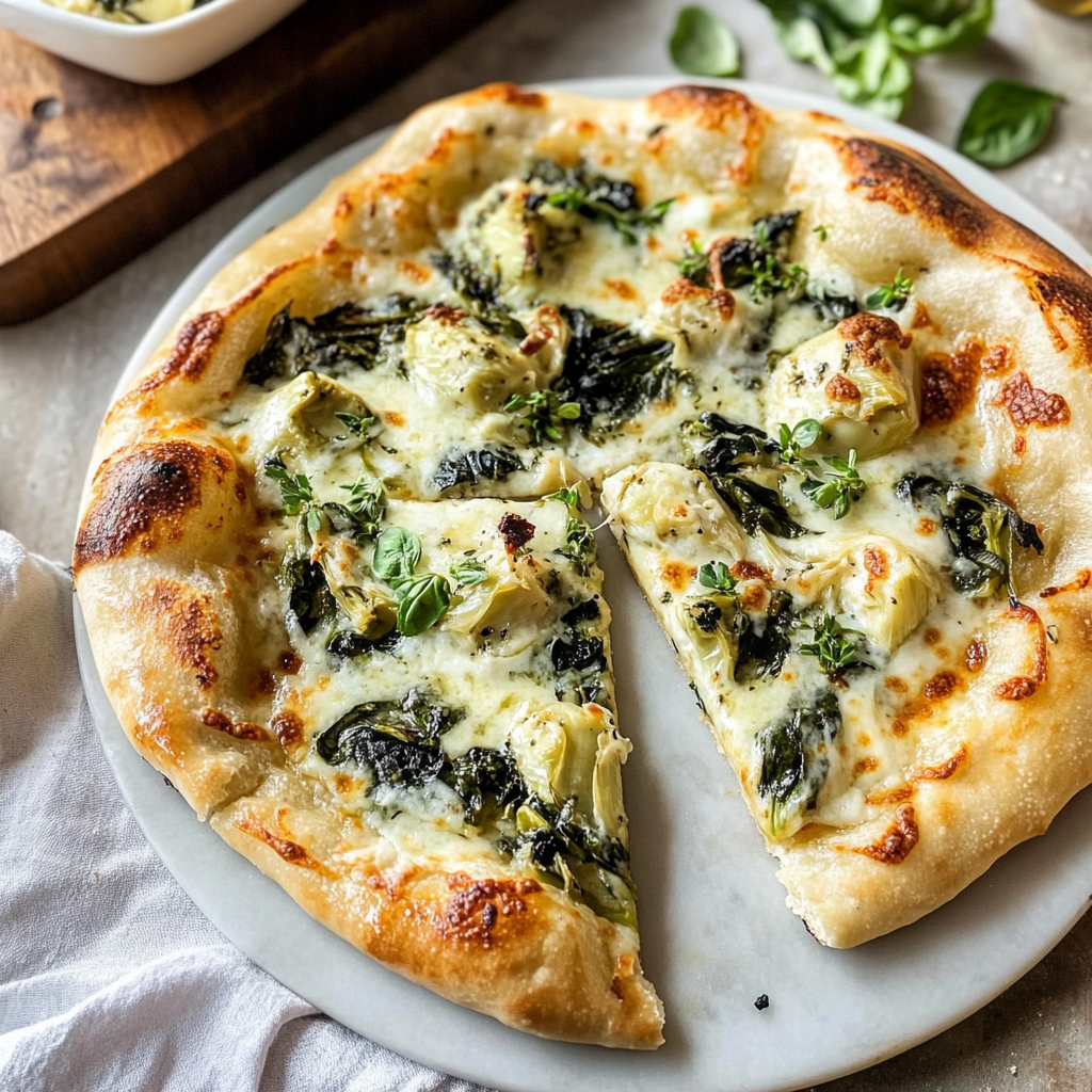 artichoke pizza with spinach parmesan