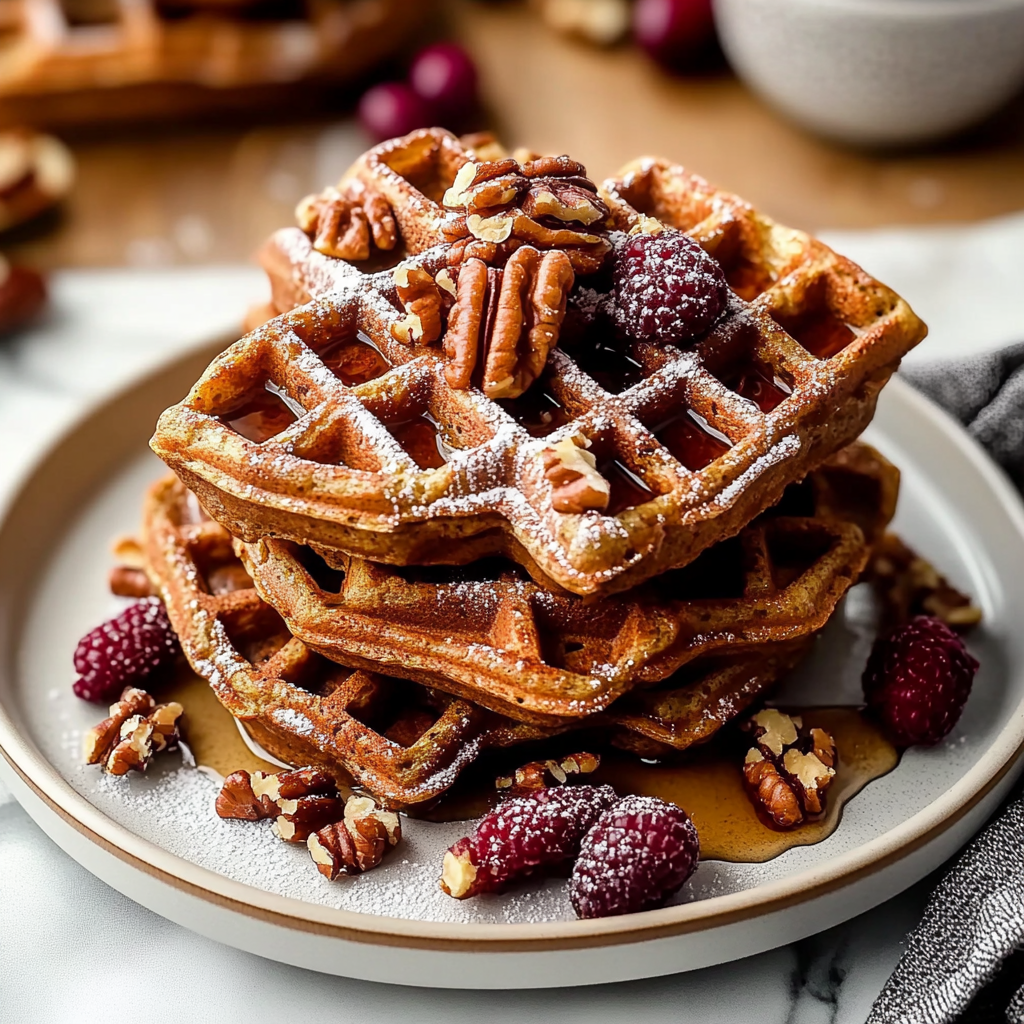 Christmas Gingerbread Waffles with Maple Pecan