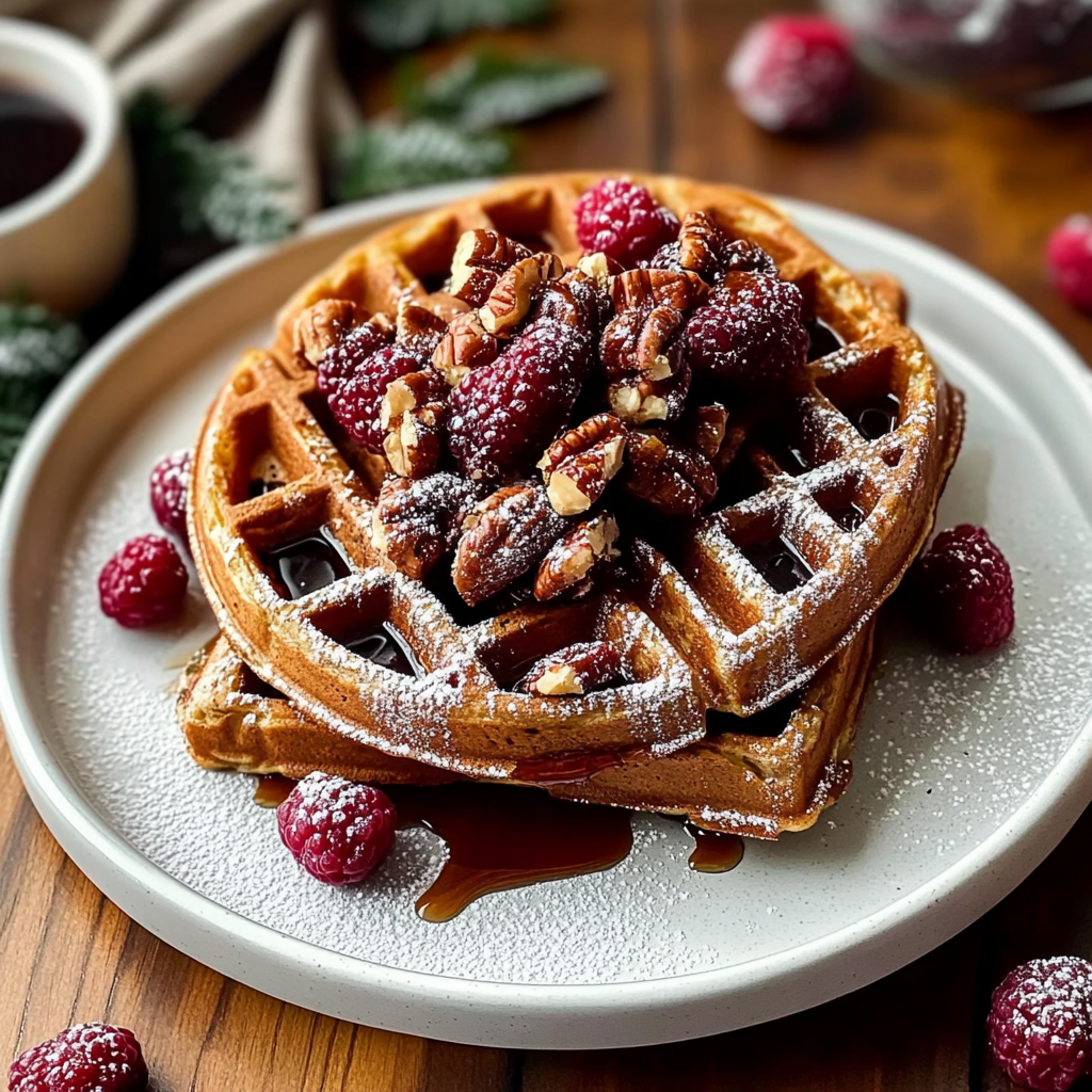 Christmas Gingerbread Waffles with Maple Pecan
