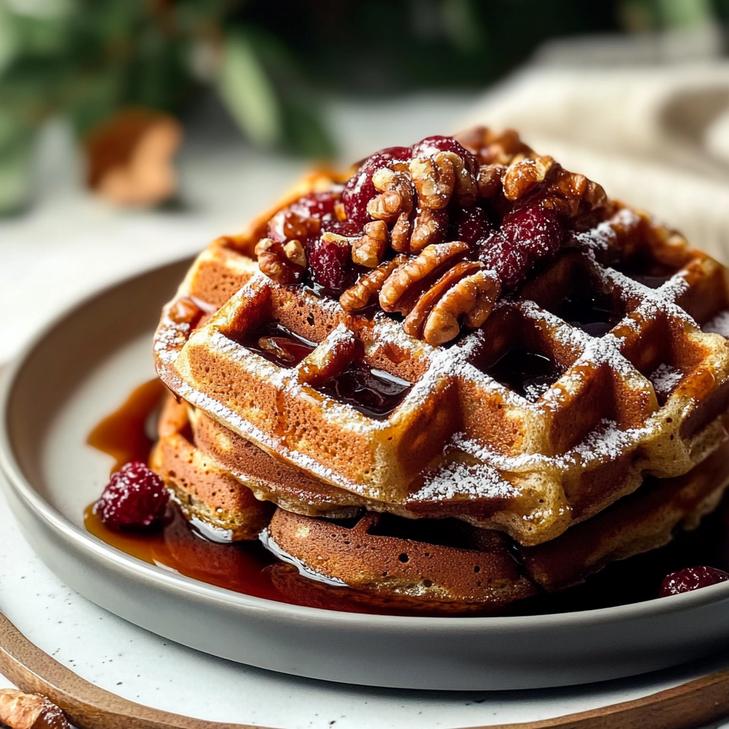 Christmas Gingerbread Waffles with Maple Pecan
