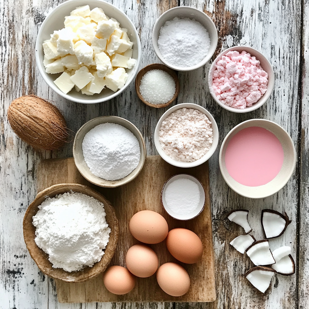 Christmas Pink Coconut Snowball Cake Bars ingredients
