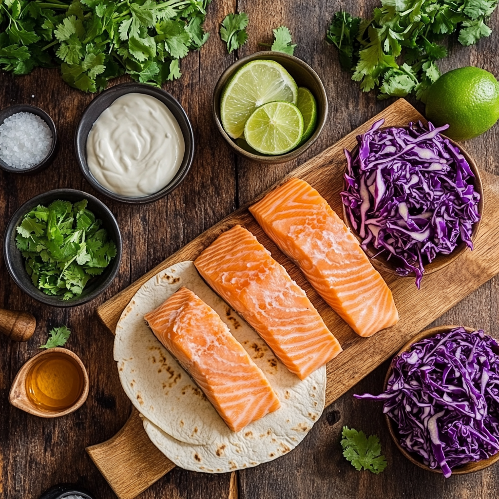 Quick and Easy Salmon Tacos with Yogurt Slaw ingredients