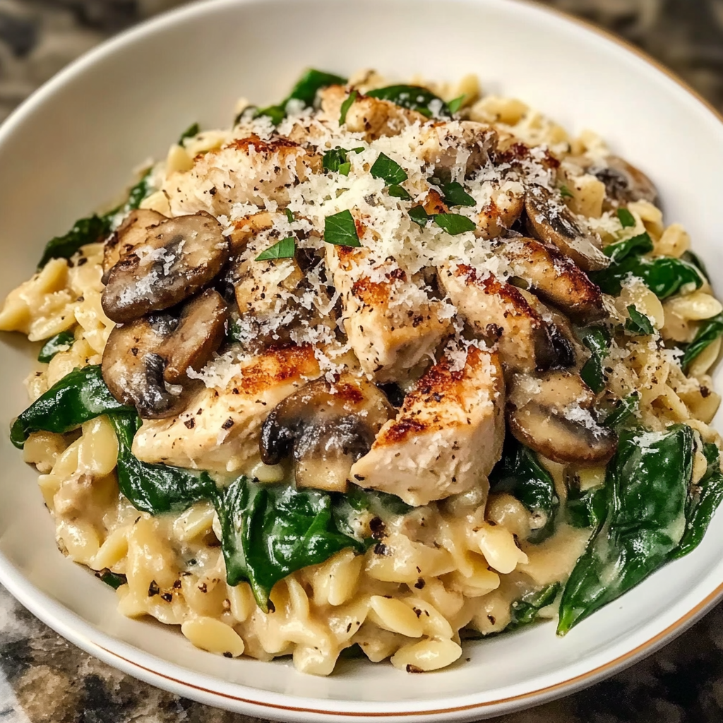 Creamy Spinach Mushroom Orzo with Chicken