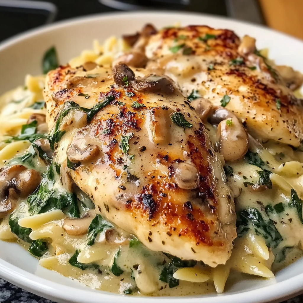 Creamy Spinach Mushroom Orzo with Chicken