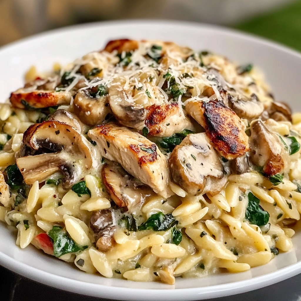 Creamy Spinach Mushroom Orzo with Chicken